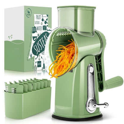 SUSTEAS Handheld Rotary Cheese Grater, equipped with 5 carefully designed blades and a strong suction cup base.