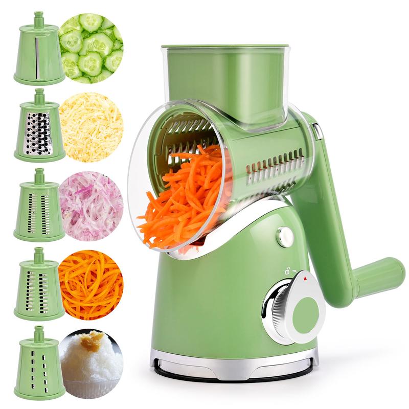 SUSTEAS Handheld Rotary Cheese Grater, equipped with 5 carefully designed blades and a strong suction cup base.
