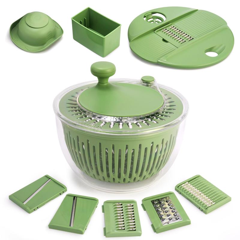 PUKOMC 5-in-1 Large Salad Spinner, with vegetable cutter, colander, bowl, and strainer.