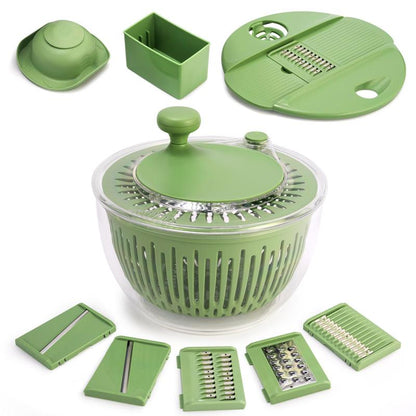 PUKOMC 5-in-1 Large Salad Spinner, with vegetable cutter, colander, bowl, and strainer.