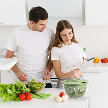 PUKOMC 5-in-1 Large Salad Spinner, with vegetable cutter, colander, bowl, and strainer.